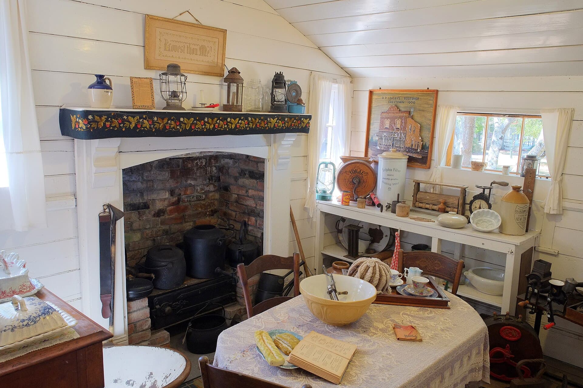 Colonial-style kitchen inside a settler cottage