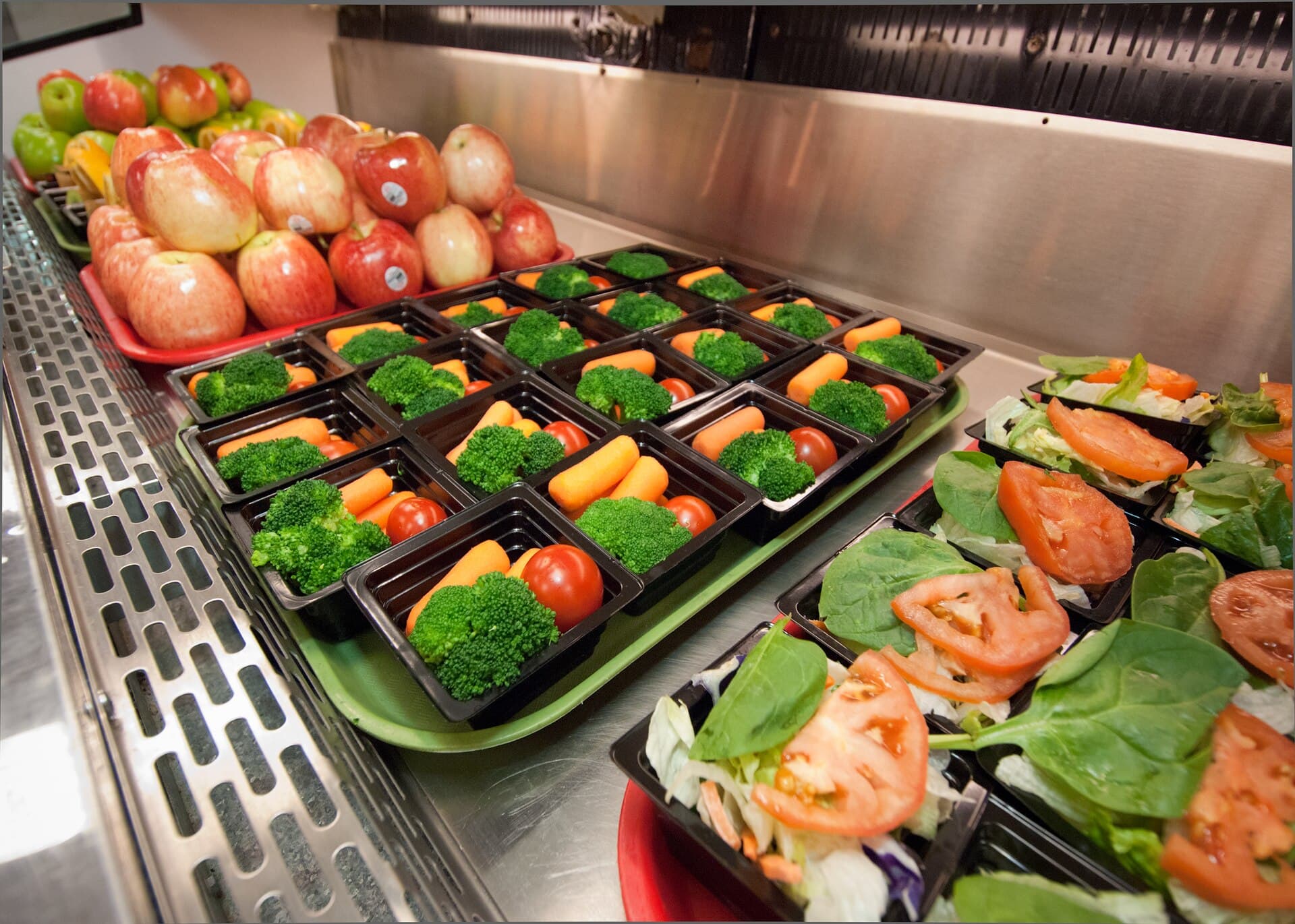 Fresh fruit, salads, and vegetables served at an Arlington, Virginia school lunch