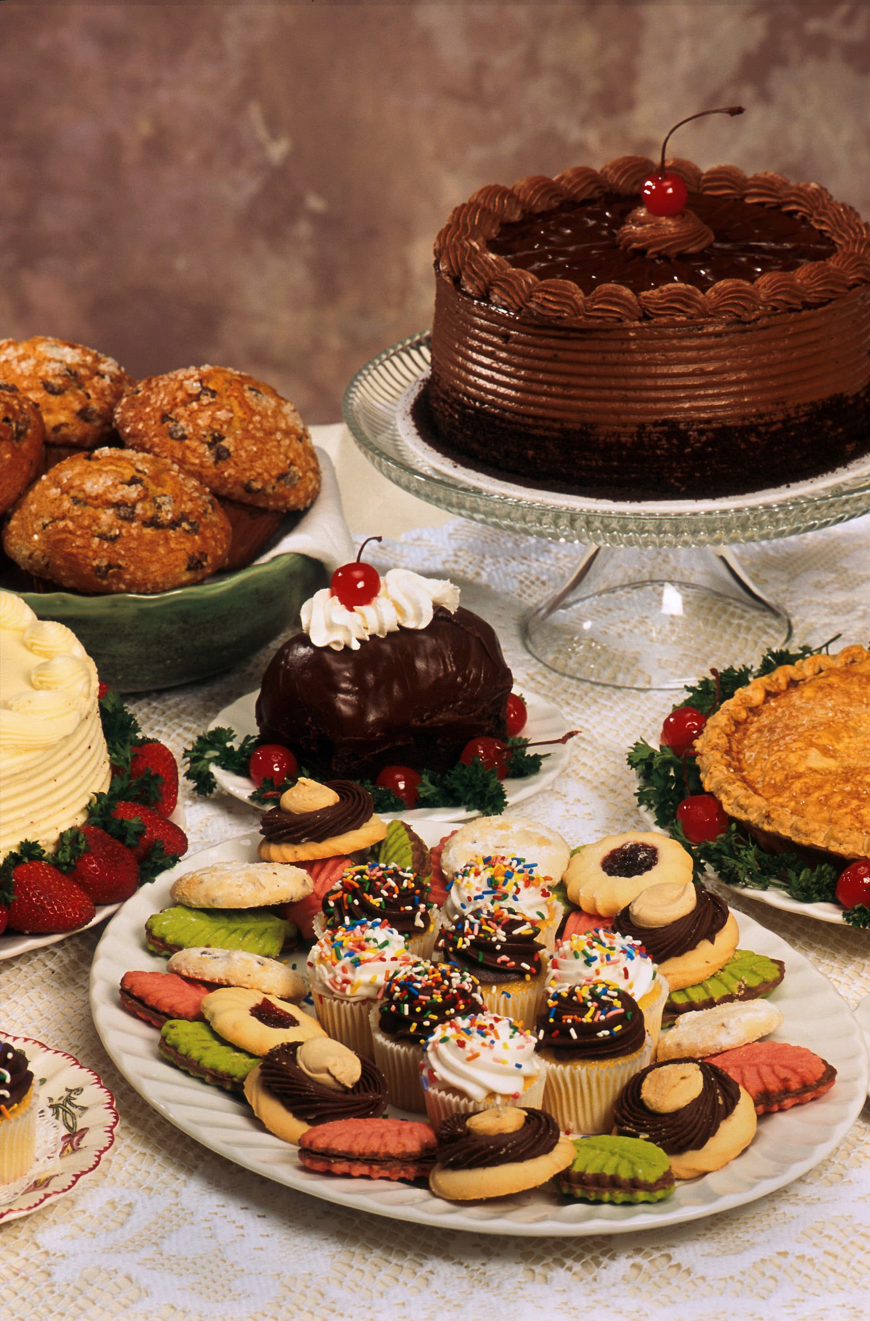 Bakery desserts including cakes, cookies, pies, and pastries