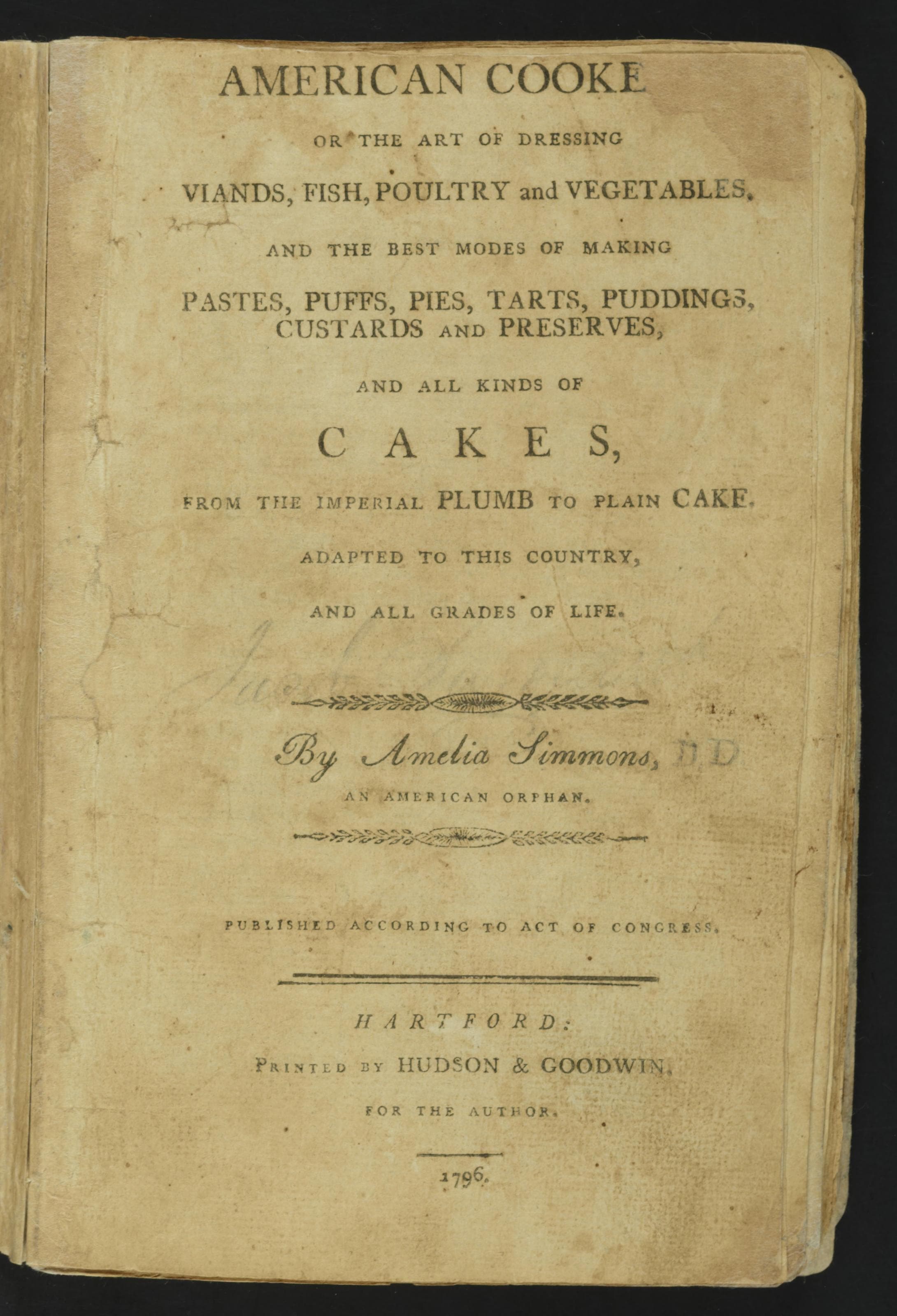 Title page of Amelia Simmons's American Cookery from 1796
