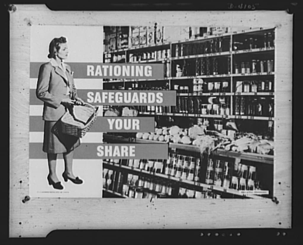 World War II rationing poster with grocery shelves