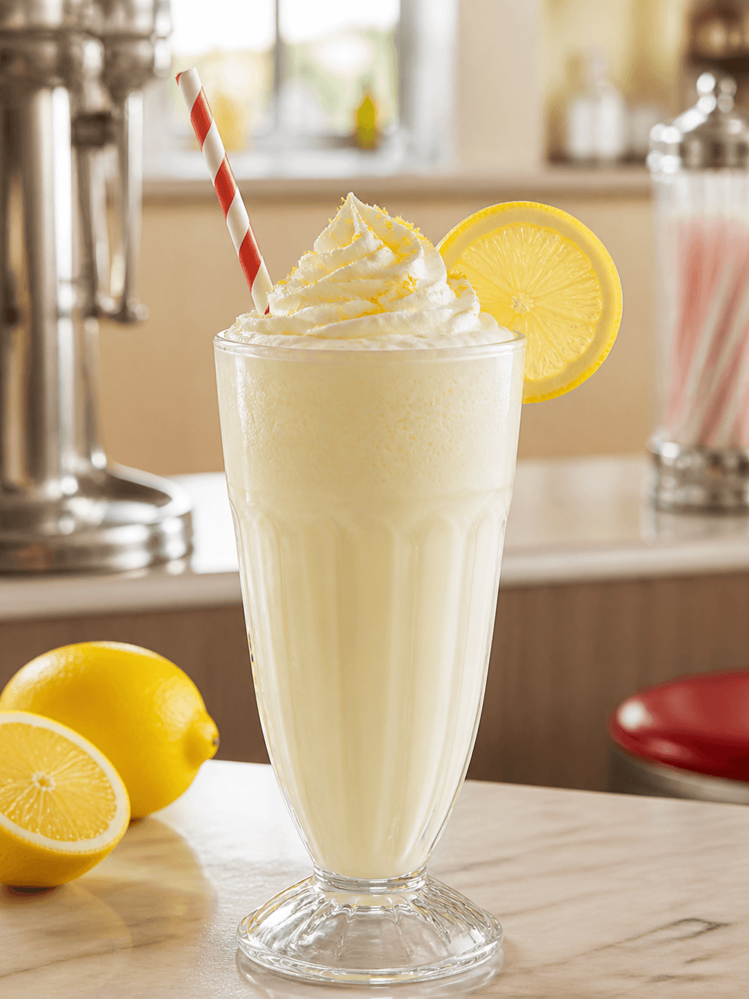 A pale lemon shake in a tall soda fountain glass with whipped cream and a lemon wheel.