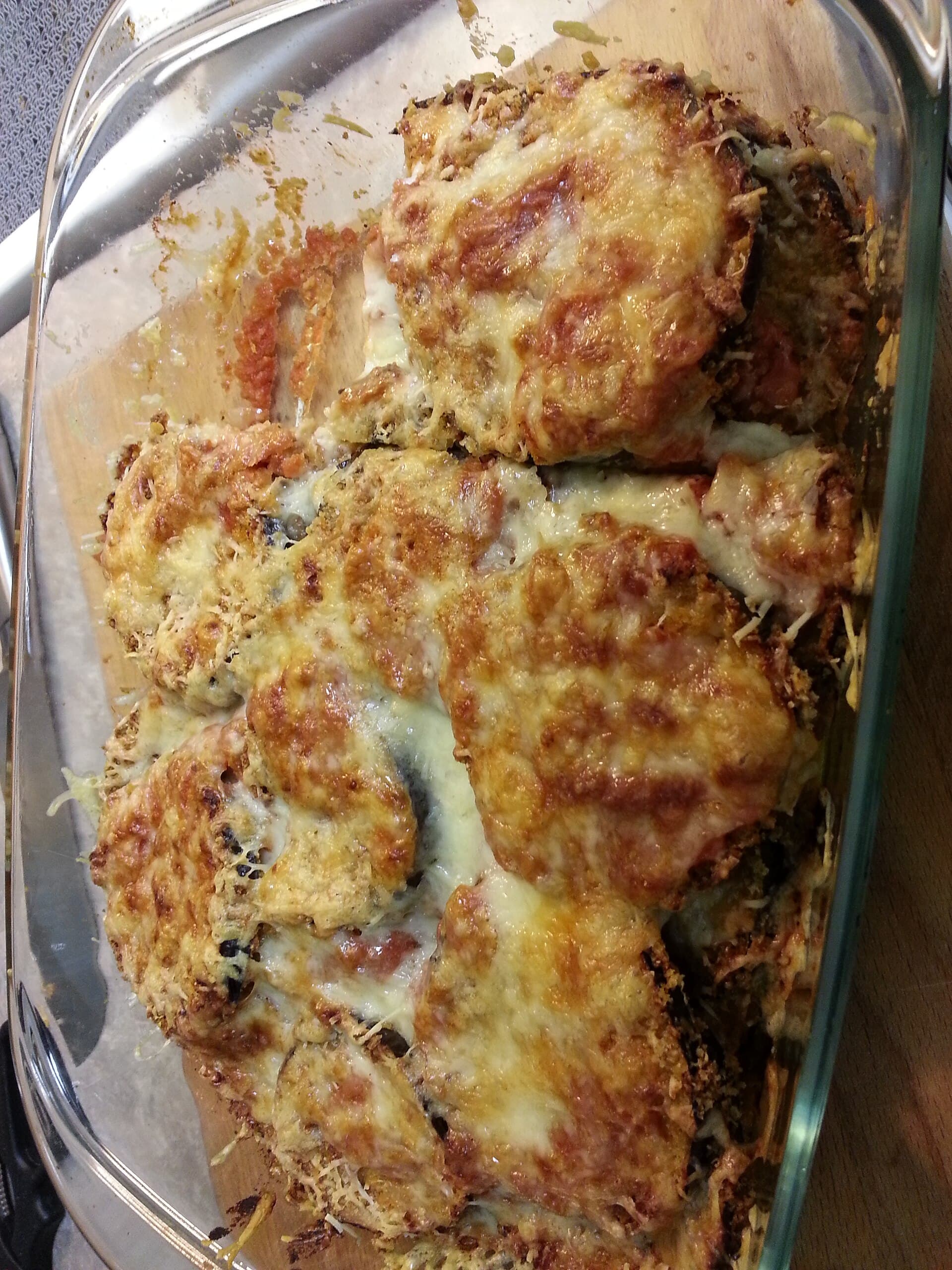 Eggplant Parmesan prepared as a finished dish