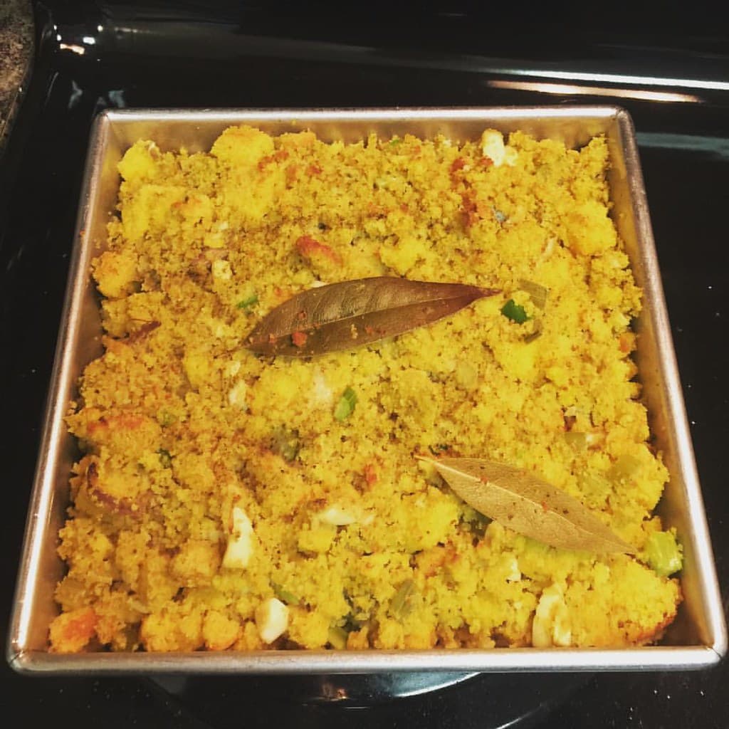 Cornbread Dressing prepared as a finished dish