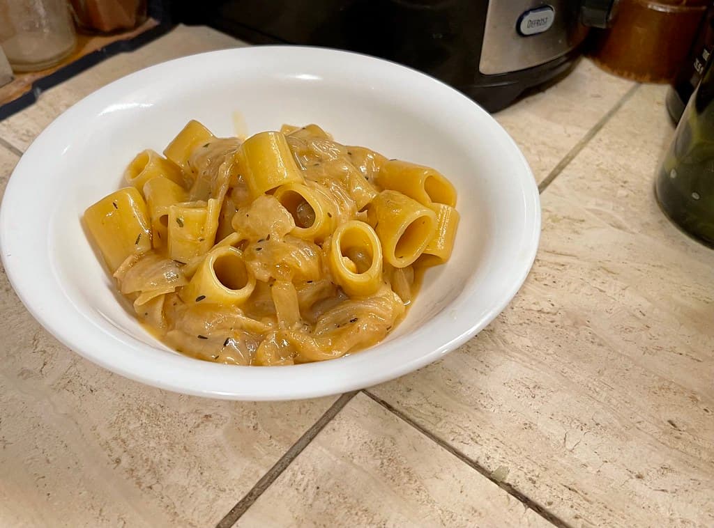 French Onion Pasta prepared as a finished dish