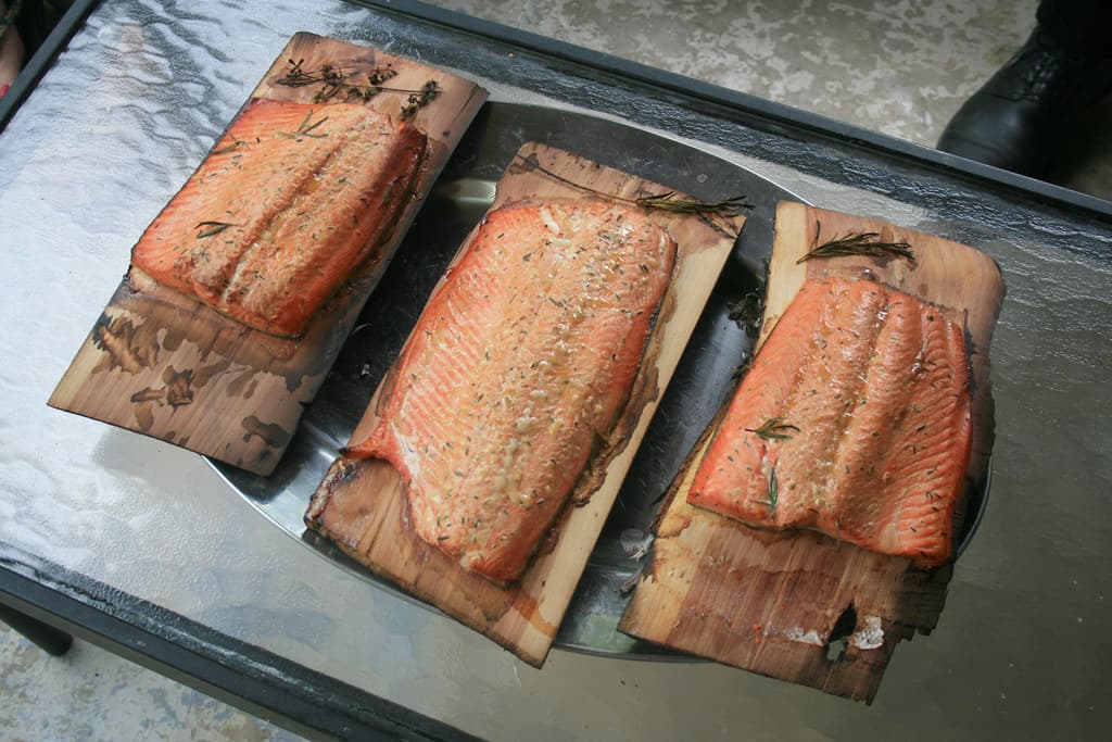 Salmon on Cedar prepared as a finished dish