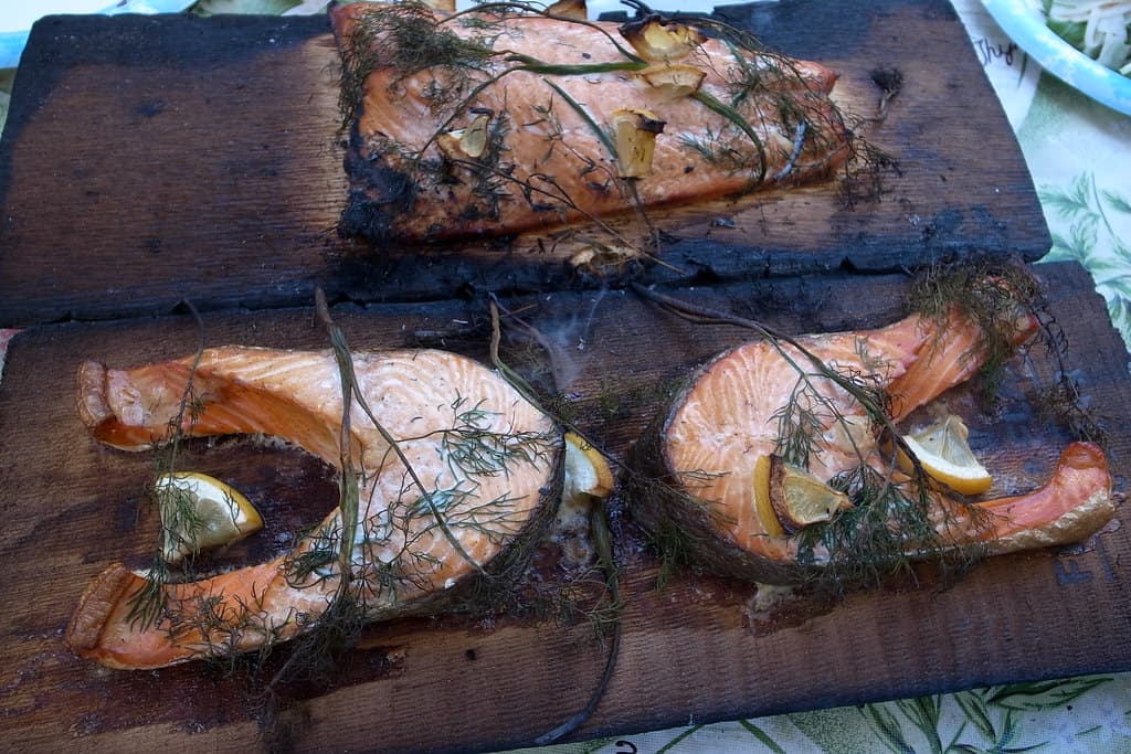Salmon Roasted on Cedar prepared as a finished dish